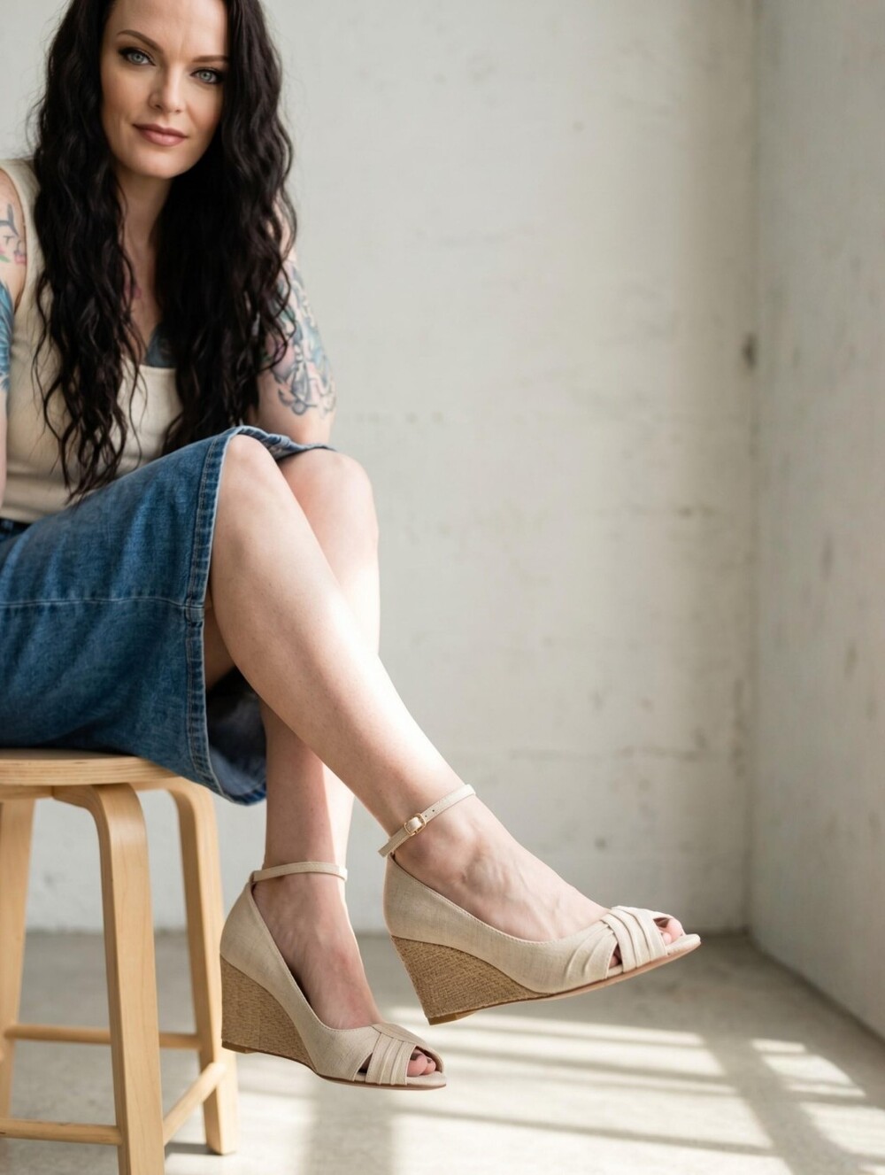 Ann Taylor Loft ✦ Peep-Toe Wedge Sandals ✦ Khaki Linen Buckle Strap Summer Heel